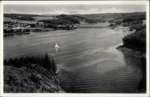 Ak Saalburg in Thüringen, Stausee, Obere Saaletalsperre, Segelboot, Brücke