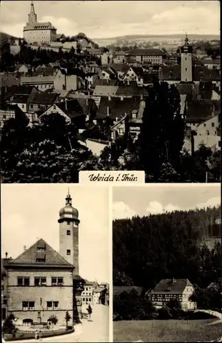 Ak Weida in Thüringen, Fachwerkhaus, Turm, Blick über den Ort