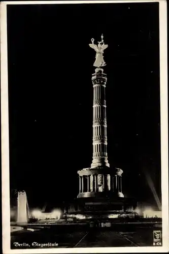 Ak Berlin Tiergarten, Siegessäule bei Nacht, Klinke B 474