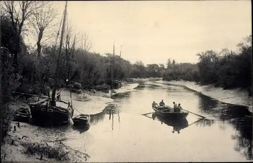 Ak Hamburg Mitte Billstedt, Ruderboot m. Besatzung in Fahrt, Segelschiff am Ufer