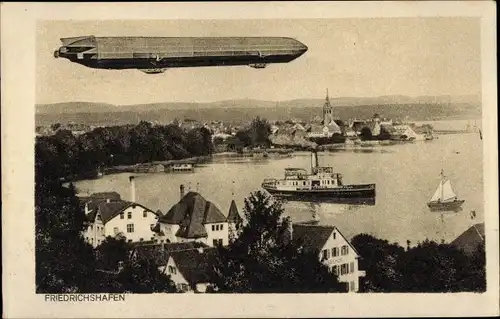 Ak Friedrichshafen am Bodensee, Panorama, Zeppelin, Dampfer