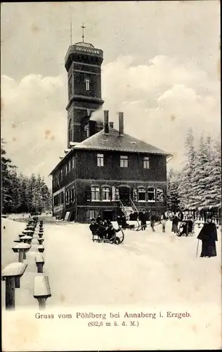 Ak Annaberg Buchholz Erzgebirge, Pöhlberg, Aussichtsturm, Winter, Schlittenfahrer