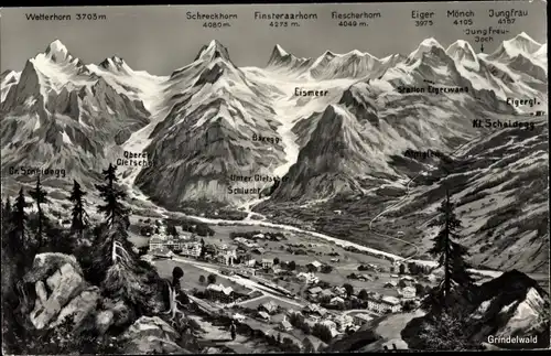 Landkarten Ak Grindelwald, Kanton Bern, Schreckhorn, Eiger, Jungfrau, Mönch