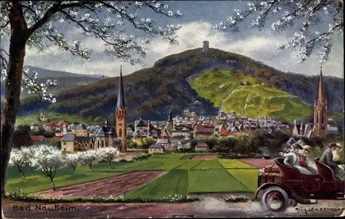 Künstler Ak Lanzendorf, Richard, Bad Nauheim im Wetteraukreis, Blick auf den Ort, Automobil, Kirche