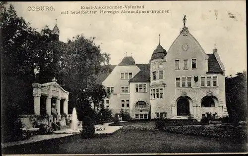 Ak Coburg in Oberfranken, Ernst Alexandrinen Volksbad, Herzog Alexandrinen Brunnen
