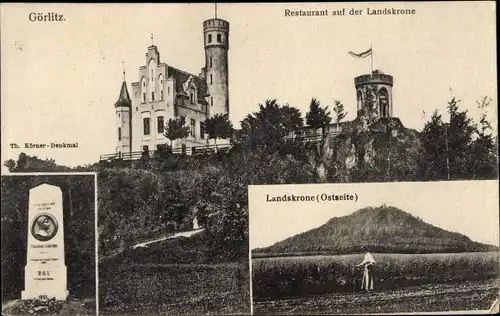 Ak Görlitz in der Lausitz, Restaurant auf der Landskrone, Th. Körner Denkmal, Landskrone