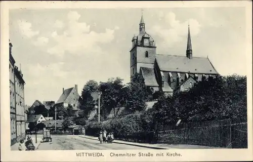 Ak Mittweida in Sachsen, Chemnitzer Straße mit Kirche