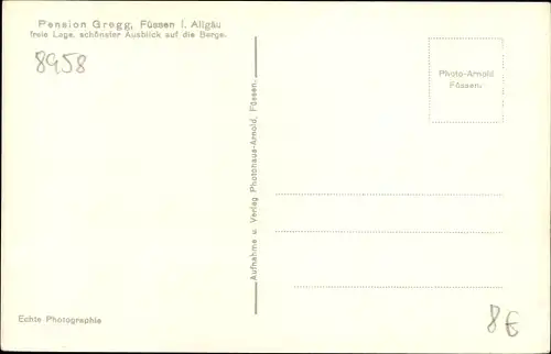 Ak Füssen im schwäbischen Kreis Ostallgäu, Pension Gregg