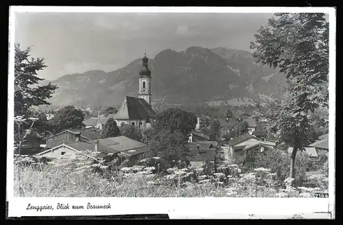 6 Glas Negative Lenggries in Oberbayern, Kirche, Totalansicht, Straße