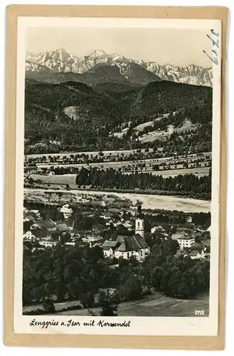 6 Glas Negative Lenggries in Oberbayern, Kirche, Totalansicht, Straße