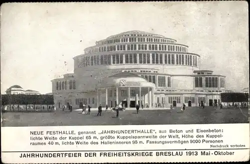 Ak Wrocław Breslau in Schlesien, Neue Festhalle, genannt Jahrhunderthalle