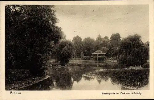 Ak Wrocław Breslau in Schlesien, Wasserpartie im Park von Scheitnig