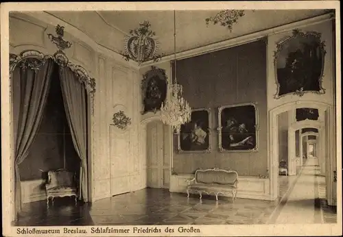 Ak Wrocław Breslau in Schlesien, Schlossmuseum, Schlafzimmer Friedrichs des Großen