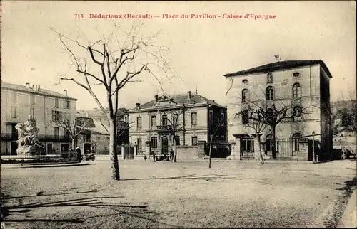 Ak Bédarieux Hérault, Place du Pavillon, Caisse d'Epargne