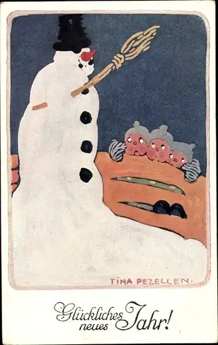 Künstler Ak Pezellen, T., Glückwunsch Neujahr, Schneemann, Besen, Kinder