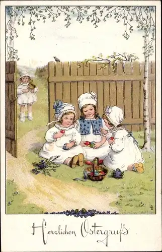 Künstler Ak Döring, Lia, Glückwunsch Ostern, Mädchen mit Ostereiern