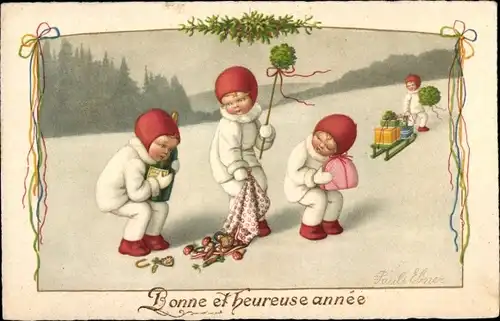 Künstler Ak Ebner, Pauli, Glückwunsch Neujahr, Kinder mit Geschenken, Schlitten, Pilze