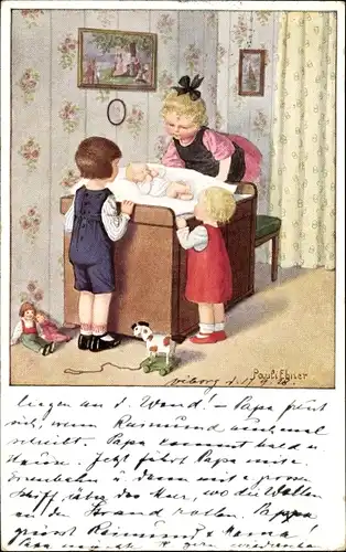 Künstler Ak Ebner, Pauli, Kinder mit Baby auf dem Wickeltisch