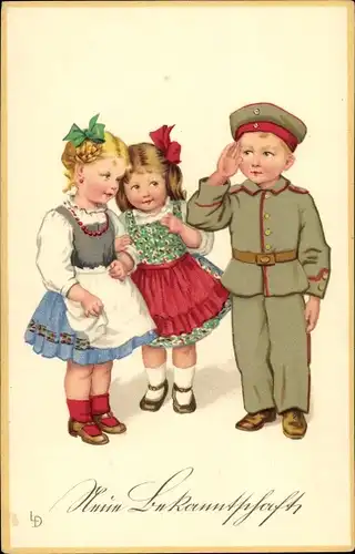 Künstler Ak Döring, Lia, Meine Bekanntschaft, Junge in Uniform, Mädchen