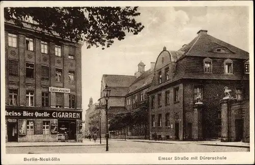 Ak Berlin Neukölln, Emser Straße, Dürerschule, Bierquelle, Zahn Atelier, Zigarrenhandlung