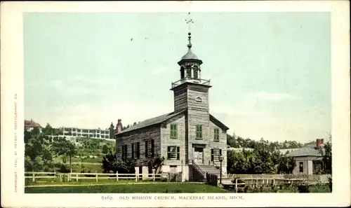 Ak Michigan USA, Mackinac Island, alte Missionskirche