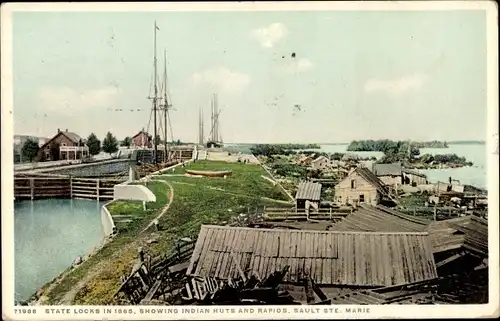 Ak Sault Sainte-Marie Michigan USA, Indianerhütten und Stromschnellen