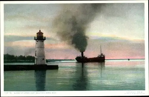 Ak Sault Sainte-Marie Michigan USA, Sonnenuntergang im oberen Licht
