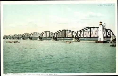 Ak Sault Sainte-Marie Michigan USA, Internationale Brücke und Leuchtturm