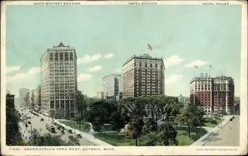 Ak Detroit Michigan USA, Grand Circus Park West, Hotel Statler, Hotel Tuller, David Whitney Building