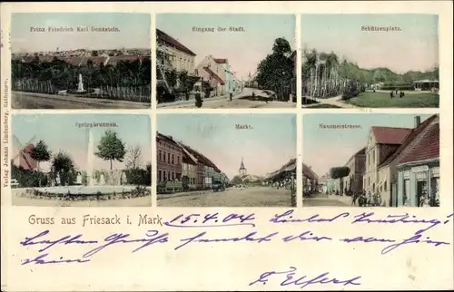 Ak Friesack in der Mark, Prinz Friedrich Karl Denkstein, Schützenplatz, Markt, Nauener Straße