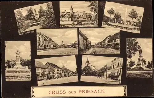 Ak Friesack in der Mark, Denkmal, Markt, Kirche, Teilansichten