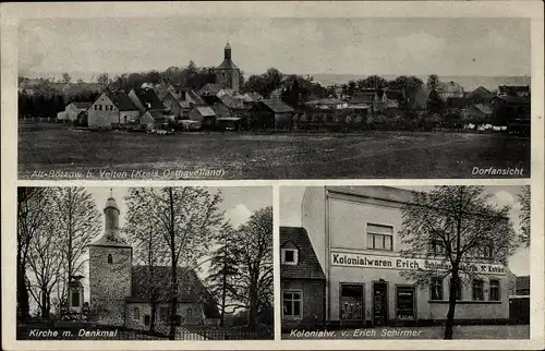 Ak Alt Bötzow Oberkrämer Havelland, Panorama, Kolonialwarengeschäft Erich Schirmer, Kirche, Denkmal