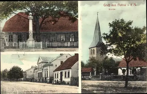 Ak Flatow Kremmen in der Mark, Kirche, Denkmal, Schule, Kolonialwarenhandlung