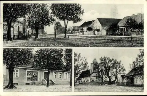 Ak Mildenberg Zehdenick in der Mark, Dorfstraße, Kolonialwarenhandlung, Kirche