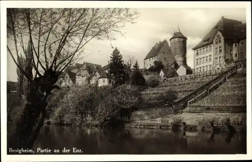 Ak Besigheim am Neckar Württemberg, Enz, Häuser, Turm, Treppen