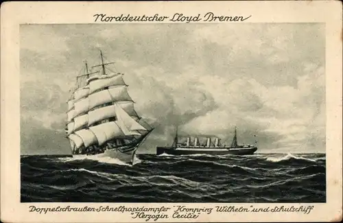 Ak Dampfschiff Kronprinz Wilhelm, Schulschiff Herzogin Cecilie, Norddeutscher Lloyd Bremen