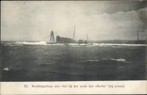 Ak Niederlande, Reddingssloep met vlet bij het wrak der Berlin