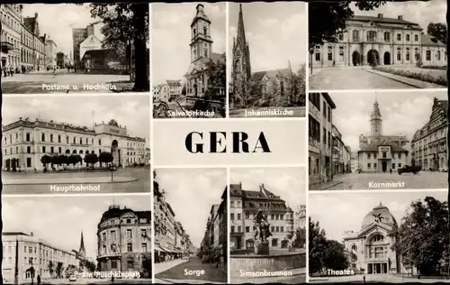 Ak Gera in Thüringen, Johanniskirche, Kornmarkt, Hauptbahnhof, Simsonsbrunnen, Sorge