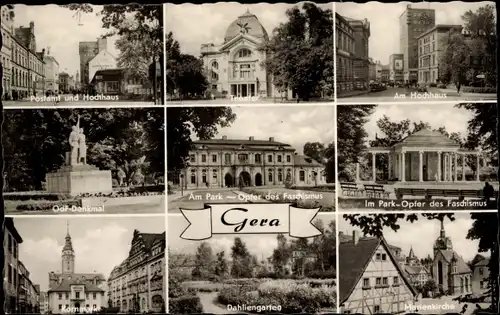 Ak Gera in Thüringen, Park OdF, Hochhaus, Marienkirche, Postamt, Dahliengarten, Theater, Kornmarkt