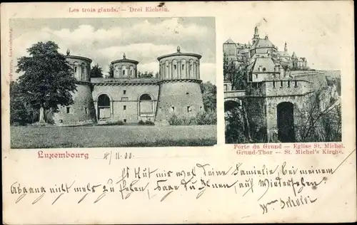 Ak Ansembourg Luxemburg, Drei Eicheln, St. Michel's Kirche