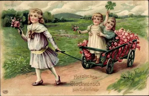 Präge Ak Glückwunsch Geburtstag, Kinder, Karren, Blumen, Glücksklee
