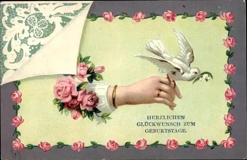 Präge Ak Glückwunsch Geburtstag, Weibliche Hand, Taube, Rosen