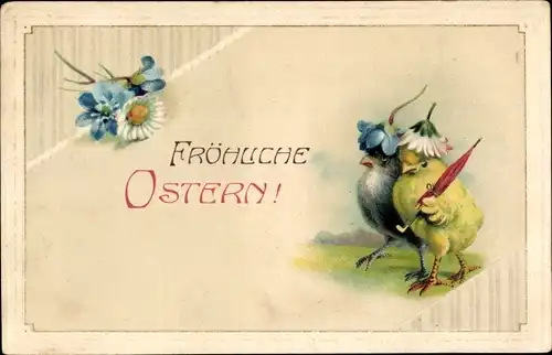 Präge Ak Glückwunsch Ostern, Küken, Margerite, Vergissmeinnicht