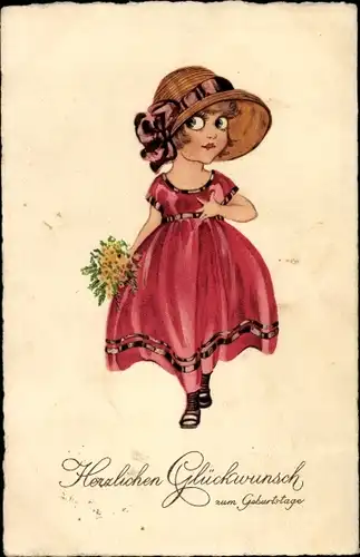 Ak Glückwunsch Geburtstag, Mädchen in rotem Kleid, Hut, Blumen