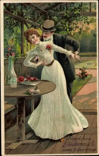 Präge Ak Glückwunsch Geburtstag, Liebespaar, Blumen, Tisch