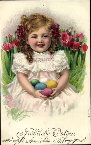 Präge Ak Glückwunsch Ostern, Mädchen-Portrait, Ostereier