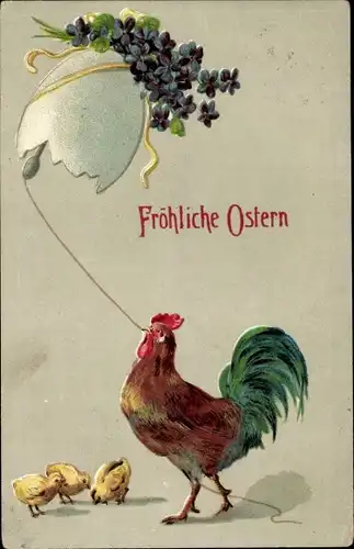 Ak Glückwunsch Ostern, Hahn, Küken, Veilchen, Eierschale