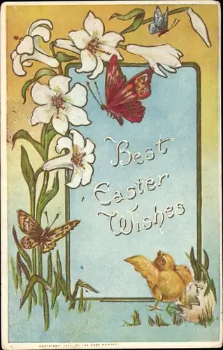 Präge Ak Glückwunsch Ostern, Küken, Blume, Schmetterlinge