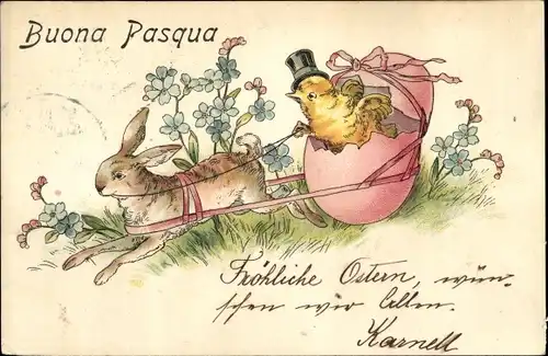 Litho Glückwunsch Ostern, Küken, Osterhase, Blumen, Osterei-Wagen