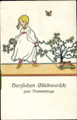 Ak Glückwunsch Namenstag, Gratulantin, Hase, Blumen, Geschenke, Schmetterling